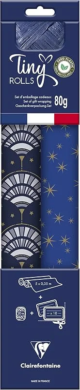 Clairefontaine Tiny Rolls 223892C - Kit de embalaje de regalo (2 rollos de papel con 80 g de 5 x 35 cm, bobina bolduc de 20 m + 10 etiquetas de regalo incluidas), color azul y dorado — Envoltorio regalo