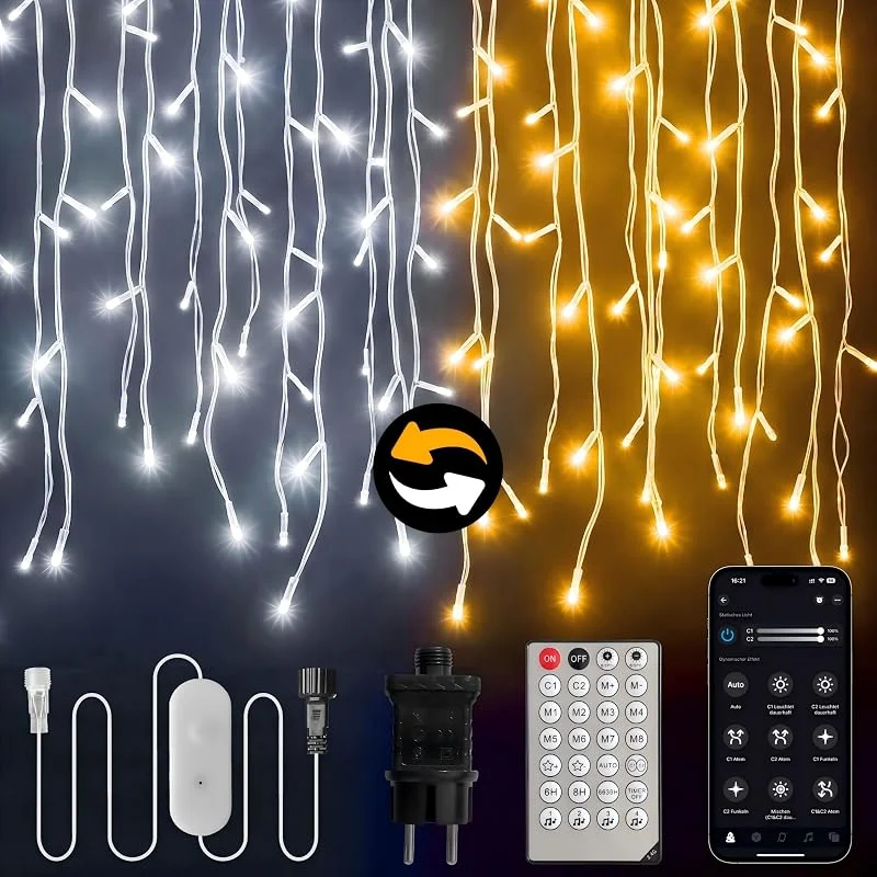 SHUNLEE Cascada Luces Navidad Exterior con La App (Cálido, Frío, 20M)