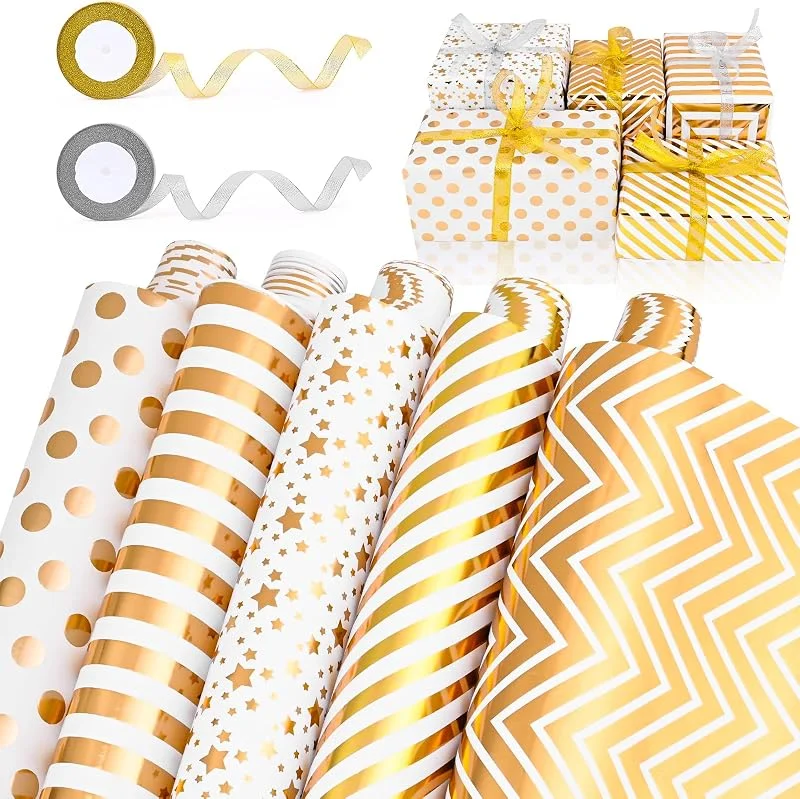 HOMIKLSA Papel de regalo negro y dorado, 5 rollos de papel de regalo (43 cm x 300 cm) con cinta adhesiva dorada para grandes festivales, cumpleaños infantiles, bodas, fiestas de bebés (Oro Negro C) — Envoltorio regalo
