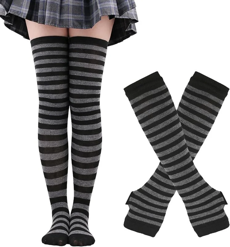 Visita la tienda de Thajaling Calcetines para mujer, Guantes sin dedos a rayas, Juego de calcetines altos hasta la rodilla, Calcetines largos a rayas para cosplay de niñas, Guantes mitones para Halloween — Ropa Navidad