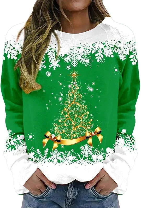 tacniseyw Suéter de Navidad para mujer, diseño de copo de nieve, árbol de Navidad, sudadera de manga larga, cuello redondo, camiseta fea de invierno de gran tamaño, camisetas gráficas novedosas — Ropa Navidad