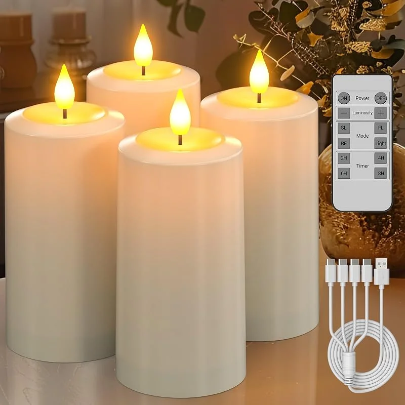 Visita la tienda de SoulBay SoulBay Velas recargables, 4 paquetes de velas eléctricas LED sin llama parpadeantes con temporizador remoto, impermeables para exteriores, para faroles, decoración de habitación del hogar, decoración — Cena a la luz de velas
