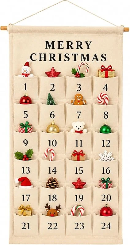 Visita la tienda de Hoadyush Calendario de Adviento para rellenar de tela, 24 bolsillos, color natural — Adviento y mesa