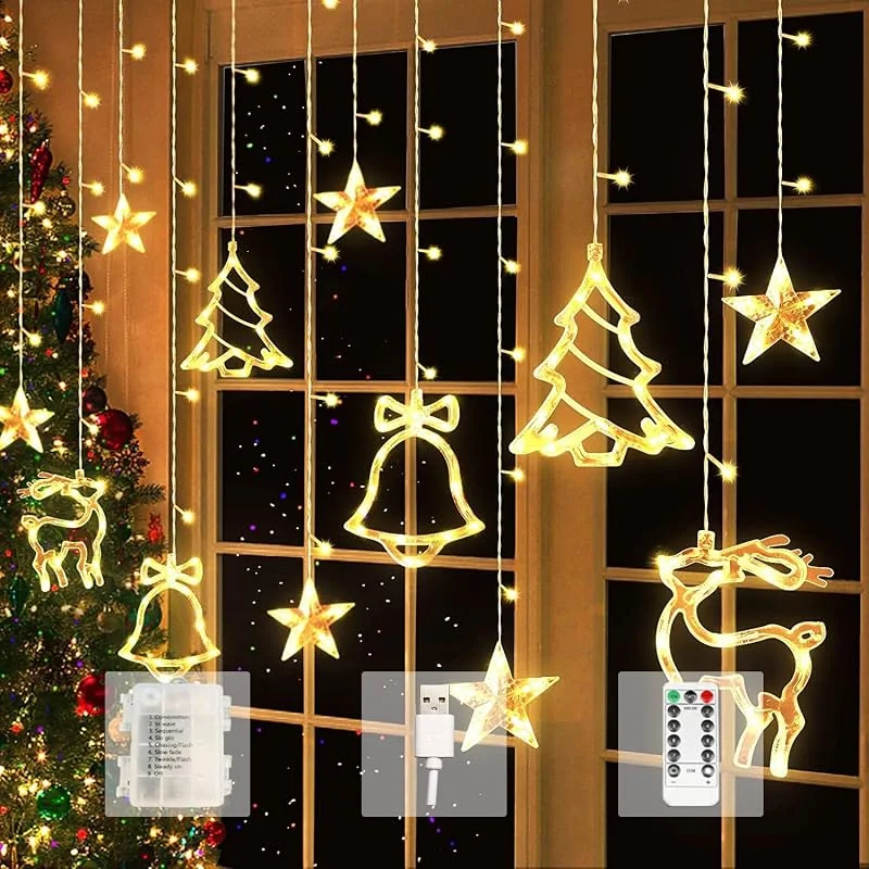 Visita la tienda de Aluusy Cortina de Luces Navidad, 3.5M Luces de Cortina Batería+USB Función Timer, 8 Modos Estrella de Navidad, Guirnaldas Interior Exterior con Control Remoto para Balcón Ventana Año Nuevo — Decoracion Navidad