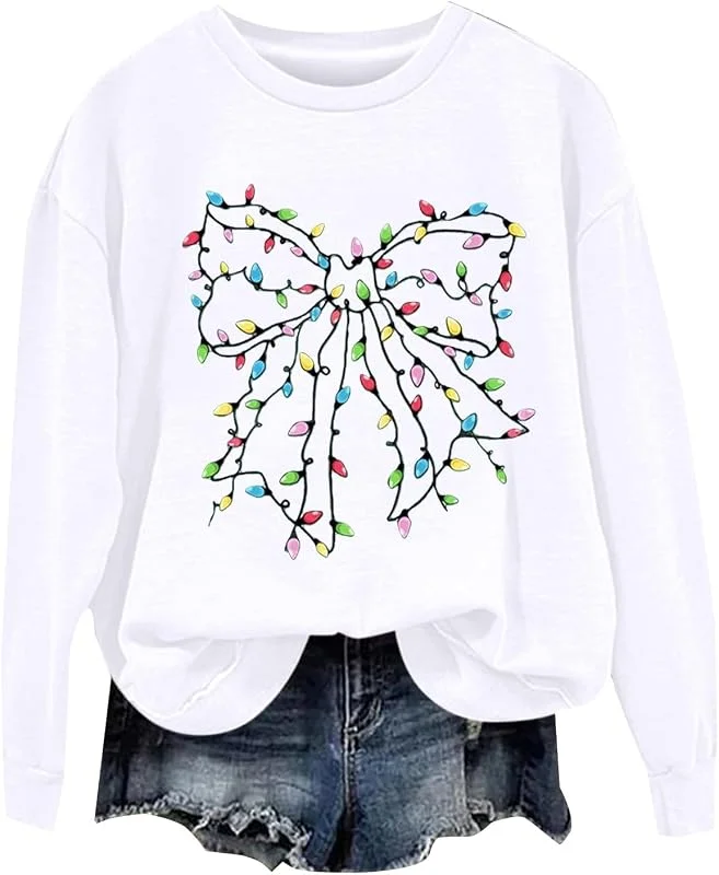 tacniseyw Suéter de Navidad para mujer, sudadera divertida con estampado de Navidad, con lazo, camisa de manga larga, talla grande, sudadera fea de Navidad para otoño e invierno, suéter de moda — Ropa Navidad