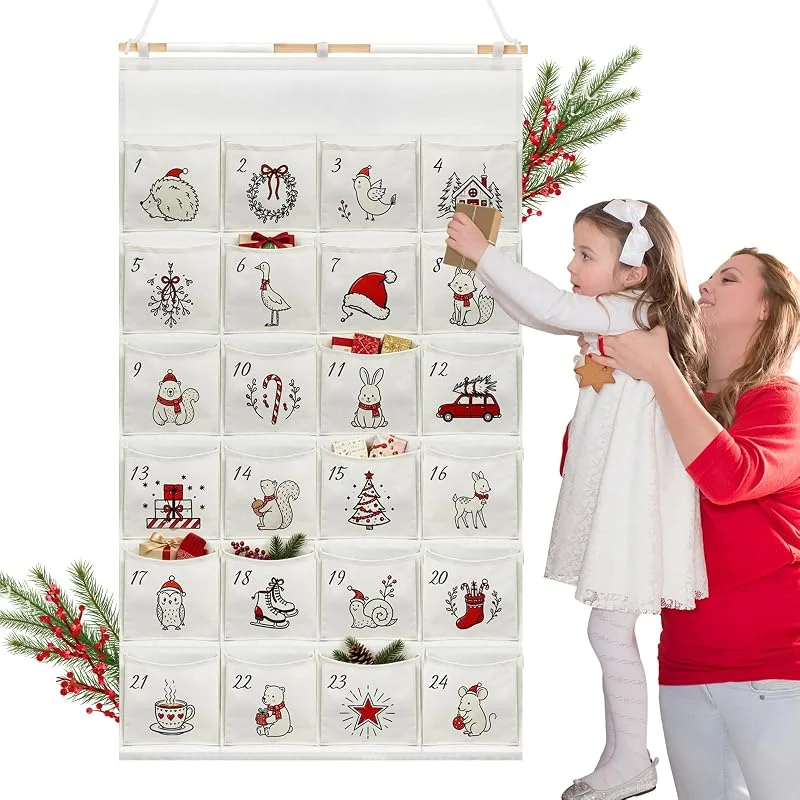 Bseical Calendario de Adviento para Rellenar 2026, Calendario de Navidad DIY para niños 130 x 70 cm, Calendario Adviento con 24 bolsillos, Bolsa de tela reutilizable para regalos, dulces, decoración (Rojo) — Adviento y mesa