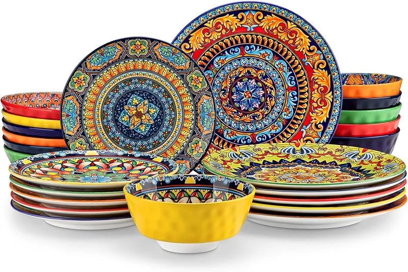 Visita la tienda de vancasso Juego de vajilla de porcelana para 6 personas Juego de vajilla de 24 piezas de vancasso KRVI con platos llanos, platos de postre, platos hondos y cuencos, servicio de mesa boho para 6 personas — Adviento y mesa