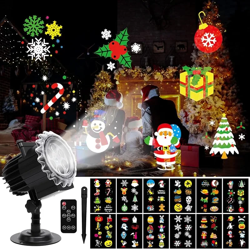 ROVLAK Proyector Navidad y Halloween Exterior Interior, 12 HD Patrones LED Luces de Proyector Navidad Luz Lámpara de Proyección IP65 Impermeable con Control Remoto para Fiestas, Jardines, Patios — Luces Navidad