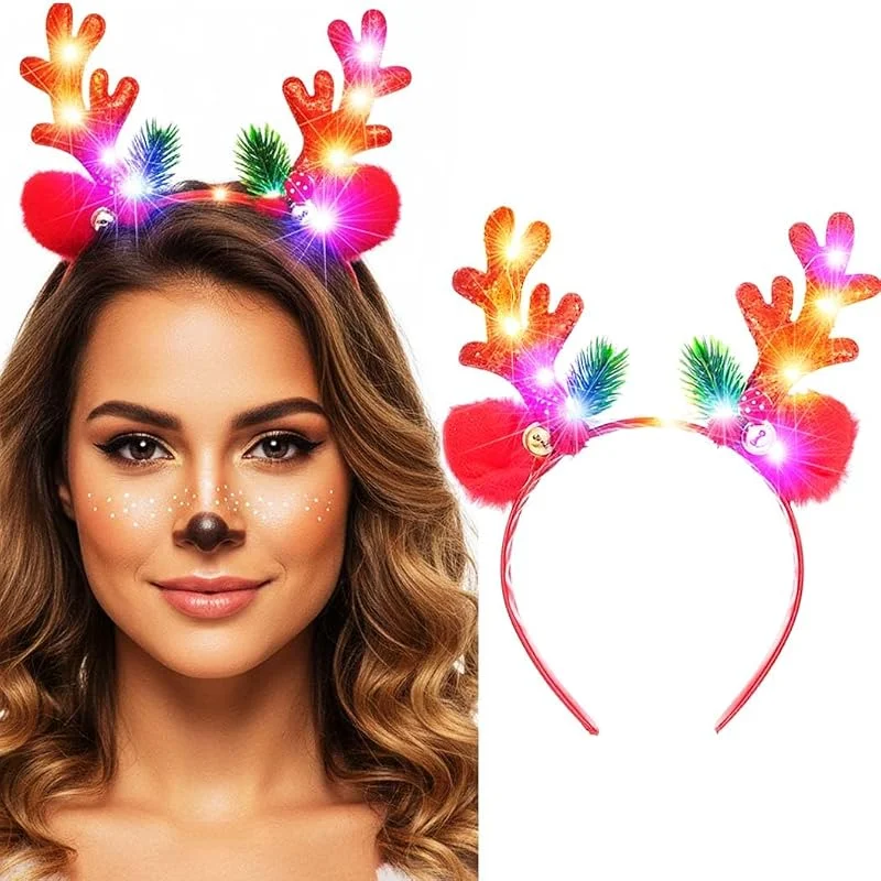 Reaky Diadema con luces de Navidad con luces LED, cuernos de reno, diadema intermitente, orejas de ciervo, diademas de Navidad, tocado de Navidad, accesorios para el cabello para mujer — Ropa Navidad