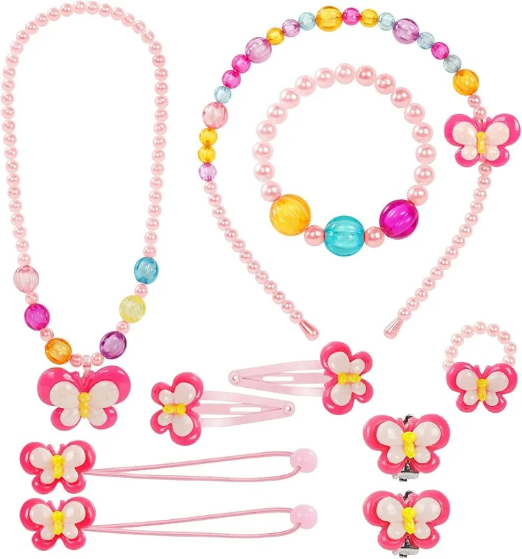 OSDUE Juego de Joyas de Mariposa y Flores para Niños, Collar, Pulsera, Anillo, Arete, Lazo para El Cabello, Pinza para El Cabello, Diadema, Regalo de Joyería de Princesa, Regalo de Cumpleaños para Niñas — Ropa Navidad