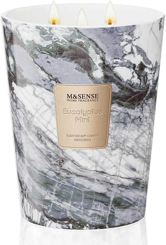M&SENSE 990 g Vela aromática grande, Velas perfumadas de eucalipto y menta en tarro, Velas naturales de cera de soja, Regalo para mujeres y hombres, Navidad, 150 h de combustión y 3 mechas — Cena a la luz de velas