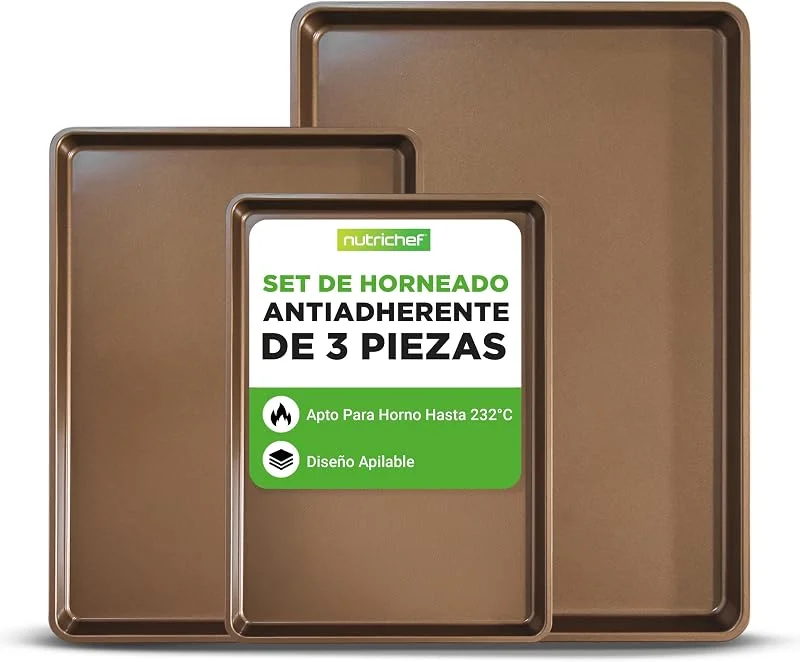 Visita la tienda de NutriChef NutriChef juego de 3 bandejas horno, Para hornear, Servir, Apilables, Rectangulares, Antiadherentes, Sin PFOA, PFOS, PTFE. Dorado — Hogar y cocina