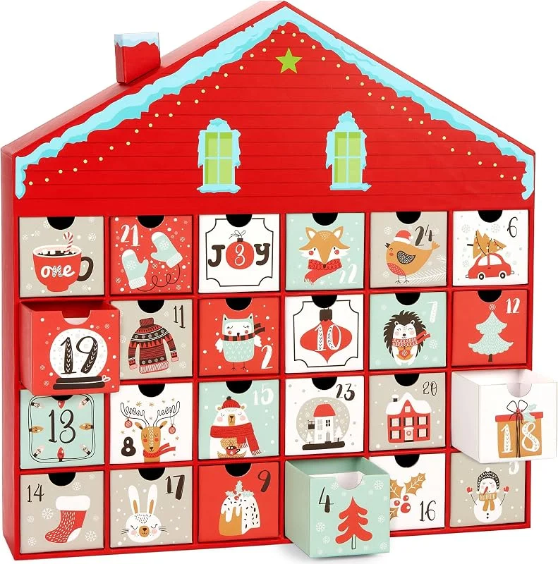 Visita la tienda de BRUBAKER BRUBAKER Calendario de Adviento para Rellenar - Casa de Navidad - Calendario de Navidad DIY con 24 Puertas para Vales, Caramelos y otras Sorpresas - 40, 5 cm de Altura de Cartón - Rojo — Adviento y mesa
