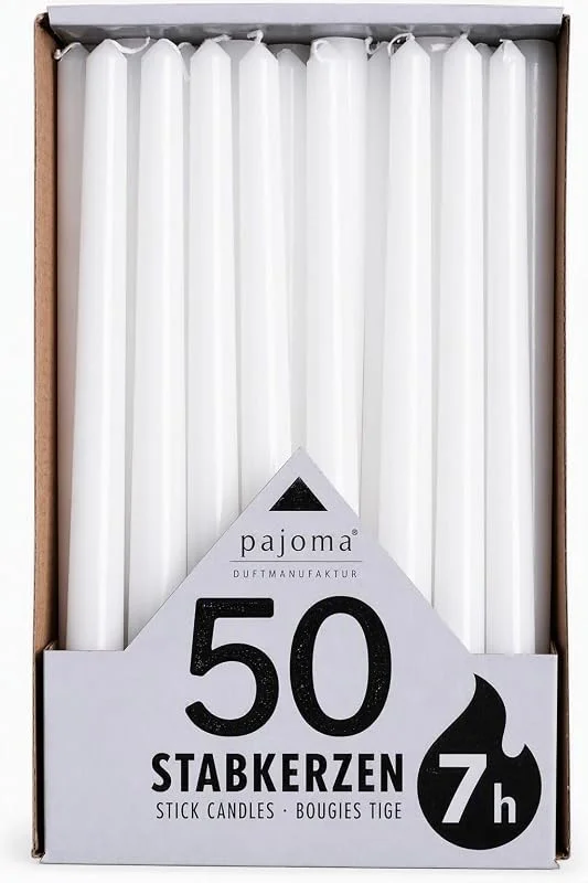Pajoma Velas de varilla, color blanco, 50 unidades, altura 25 cm, duración de combustión aprox. 7 horas — Cena a la luz de velas