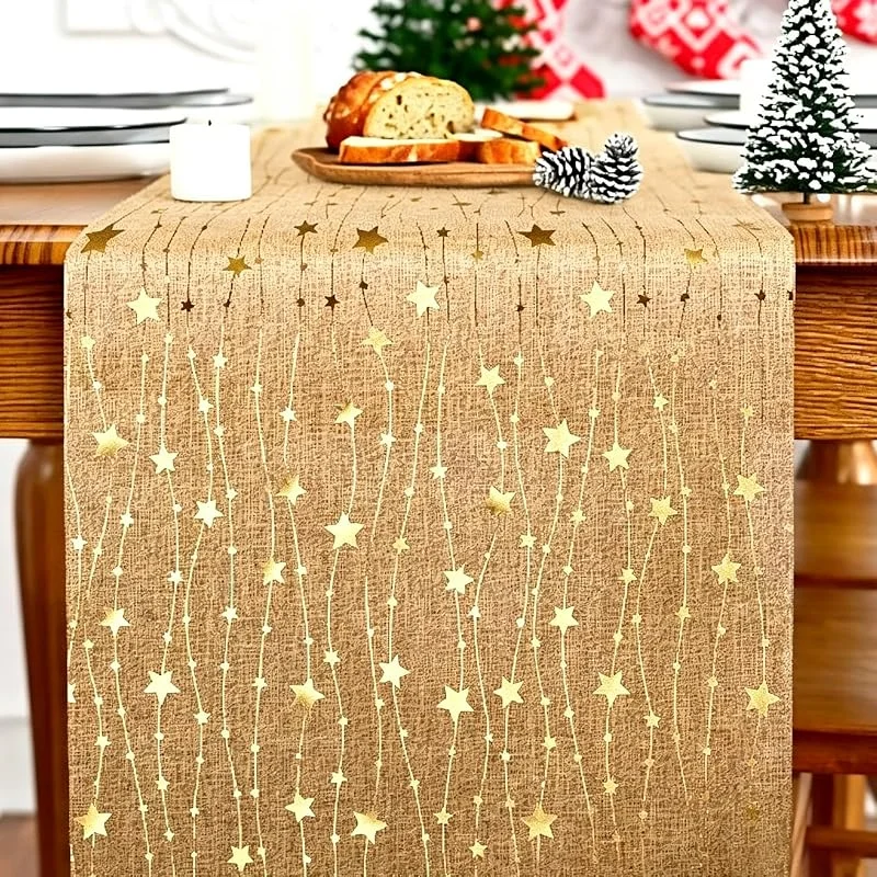 WSOAFVK Camino de Mesa Navidad Dorado, 28 cm x 5 m Camino de Mesa Estrellas, Caminos de Mesas Dorado para Decoración Mesas Festiva, Bodas, Fiestas y Manualidades DIY Hogar — Hogar y cocina