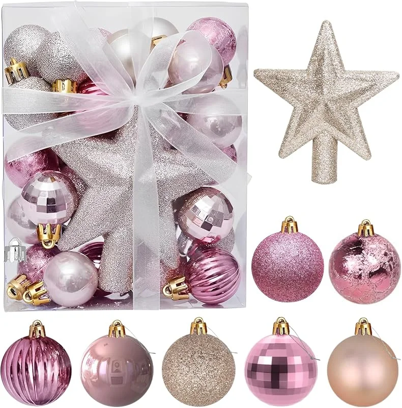 Winwild 30Pcs Mini Bolas de Navidad con Percha, 3CM Pequeñas Bolas de Oro Rosa para Mesa Árbol de Navidad Decoración Set — Decoracion Navidad