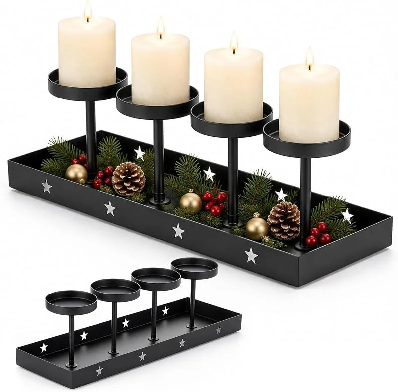 Zinueen Corona de Adviento moderna alargada de metal, con 4 portavelas — Adviento y mesa