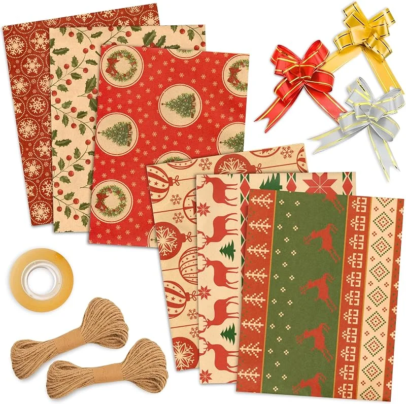 Visita la tienda de Üka Üka • Papel Regalo Navidad + Accesorios. Pack 6 Hojas de 50x75 cm. Papel para Regalos Medianos y Pequeños. Papel de Regalo Kraft con 10 Lazos Decorativos, 20 m de Cuerda Yute y Cinta Adhesiva. — Envoltorio regalo
