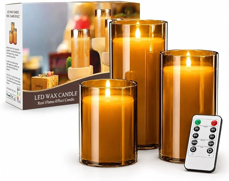 Visita la tienda de YINUO LIGHT 3 Velas LED Velas Sin llama 4" 5" 6", Luz de Velas Decorativas Funcionan con Pilas Pilares de Vidrio Marrón Realista Mecha Parpadeante Efecto llama, Velas Electrica con Control Remoto Temporizador — Luces Navidad