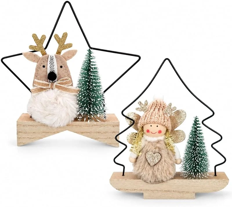 Heyaner 2 piezas de decoración de mesa de Navidad de madera con forma de estrella de Navidad, decoración de bandeja escalonada, bonito árbol de Navidad, letrero de bloque rústico, casa de campo, centro de — Decoracion Navidad