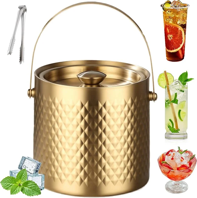 Tel Charme * Cubitera de hielo aislada con tapa, acero inoxidable de doble pared, sellada al vacío para cócteles, cerveza y champán, ideal para bares, pubs, barbacoas y picnics (dorado) — Vino y mesa festiva