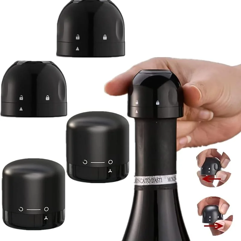 Eowppue Tapón de Vacío Vino, Tapón de vino, 4 tapas de botellas de vino, corcho de champán al vacío, con interruptor, sellado al vacío, fresco, reutilizable (negro) — Vino y mesa festiva