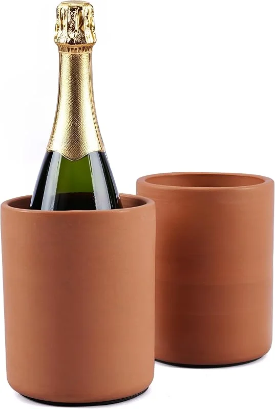 Earthen Crafts Juego de 2 enfriadores de vino de terracota de 6.5 pulgadas, hechos a mano de cerámica natural, enfriador pequeño para vino blanco, elegante centro de mesa para mesa de comedor, bar en — Vino y mesa festiva
