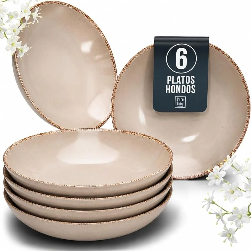 Visita la tienda de PURE LIVING INTERIOR DESIGN Juego de 6 Platos Hondos - Vajilla Completa de Steingut Premium para 6 Personas, Apta para Lavavajillas - Set Moderno y Elegante de Platos Profundos para Ensalada y Pasta - Pure Living en Color beige — Adviento y mesa