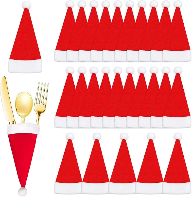 DUSPAK Cubiertos para Navidad - 25 piezas fundas de cubiertos con forma de gorro de Papá Noel, decoración mesa navidad tela, reutilizables — Ropa Navidad