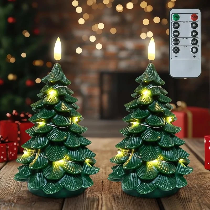 Satar Refes 2 velas de Navidad sin llama, velas LED en forma de árbol de Navidad con temporizador remoto, vela LED parpadeante de cera real con cadena de luces para decoración de fiesta en el hogar de — Luces Navidad