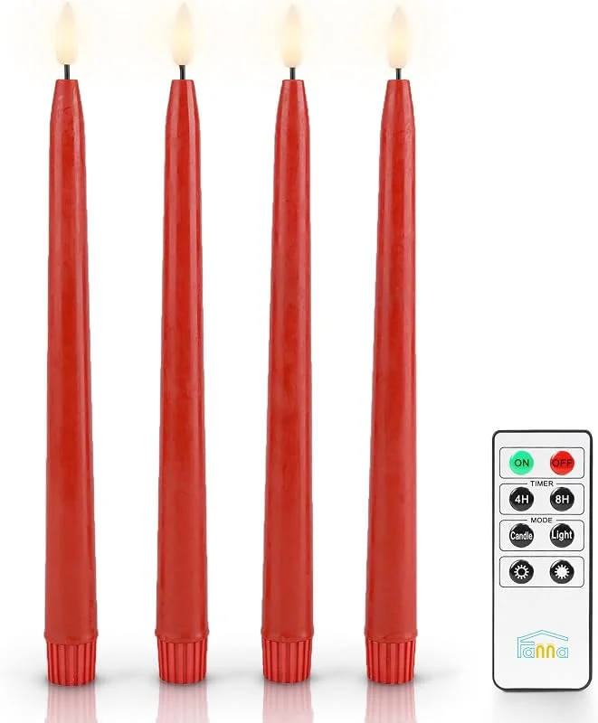 Visita la tienda de Fanna Fanna 4 Velas LED Rojas Navidad con Temporizador, Velas a Pilas Largas para Candelabros, Mando a Distancia y Pilas Incluidas, Altura 28cm - Rojo — Cena a la luz de velas