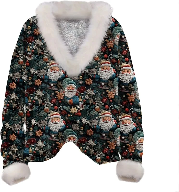 Generic HUIFUAO Sudaderas de Navidad para mujer, suéter de Navidad para mujer, estampado de Papá Noel, cuello de felpa, manga larga, suéter de Navidad para mujer — Ropa Navidad