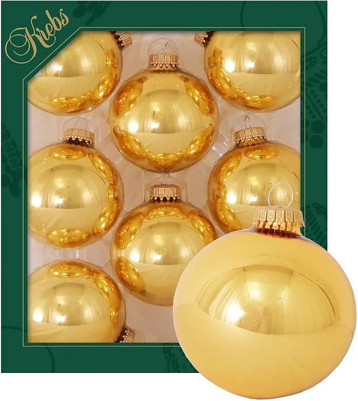 Krebs Glas Lauscha - Decoración de Navidad, Adornos para árbol de Navidad de cristal - Bolas de topacio dorado - Cantidad: 8 unidades - Color: dorado brillante - Tamaño: 7 cm aprox — Decoracion Navidad