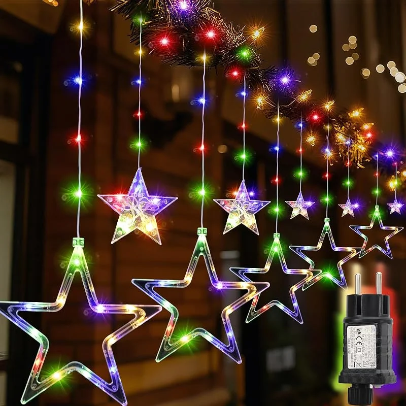 Visita la tienda de SALCAR SALCAR Cortina de Luces LED 2m 160 LED con 10 Estrellas para Navidad, Guirnalda Luminosa Impermeable para Interior y Exterior, Luces Navideñas para Ventana con 8 Modos, Multicolor — Decoracion Navidad
