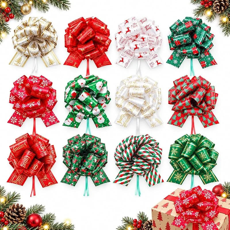 BIVYAX 12 Lazos para Regalos de Navidad, Lazos de Tirar con 12 Diseños Diferentes, Lazos para Envolver Regalos, Decoración para Cajas y Paquetes Navideños — Envoltorio regalo