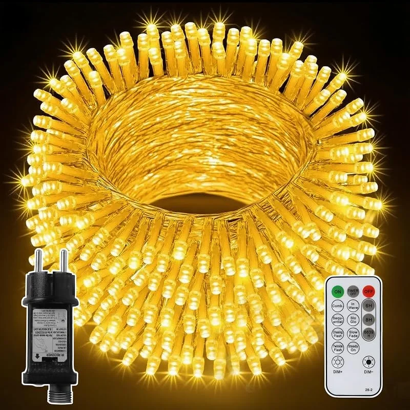 CNMTCCO Guirnalda Luces Exterior Enchufe, Tiras de LED para Exterior, Luces Navidad Exterior, Luces LED Exterior IP44, 8 Modos Blanco Cálido 2700K Timer Remoto Jardín Terraza (30m 300LED)