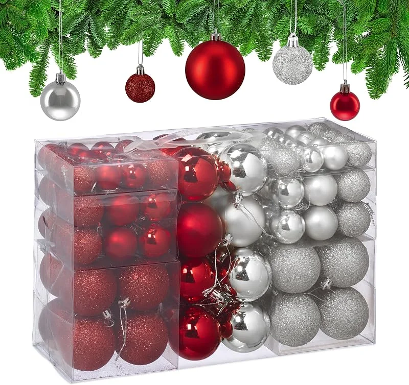 Visita la tienda de Relaxdays Relaxdays Set 100 Bolas Árbol Navidad, Decoración Navideña, Mate, Brillante y con Purpurina ∅ 3, 4 y 6 cm, Plateado, Rojo — Decoracion Navidad