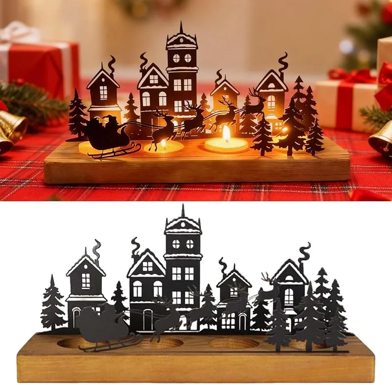 GTJEOI Portavelas de Adviento, Portavelas Casa para Navidad, Corona de Adviento Porta Velas, Candelabro de Navidad con Bandeja de Metal con Soportes de Madera, Centro de Mesa de Navida-d — Decoracion Navidad