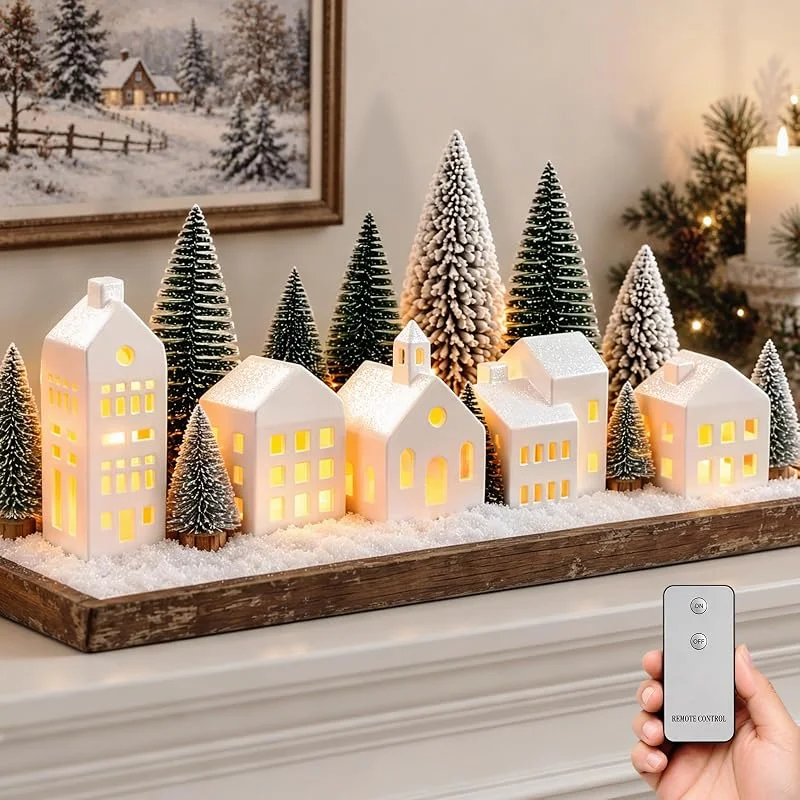 Zesua Decoraciones de Navidad para interiores – Juegos de 5 casas de cerámica con luces LED y 9 árboles – Decoración rústica de invierno para casa de campo para decoración de mesa de mantel — Decoracion Navidad