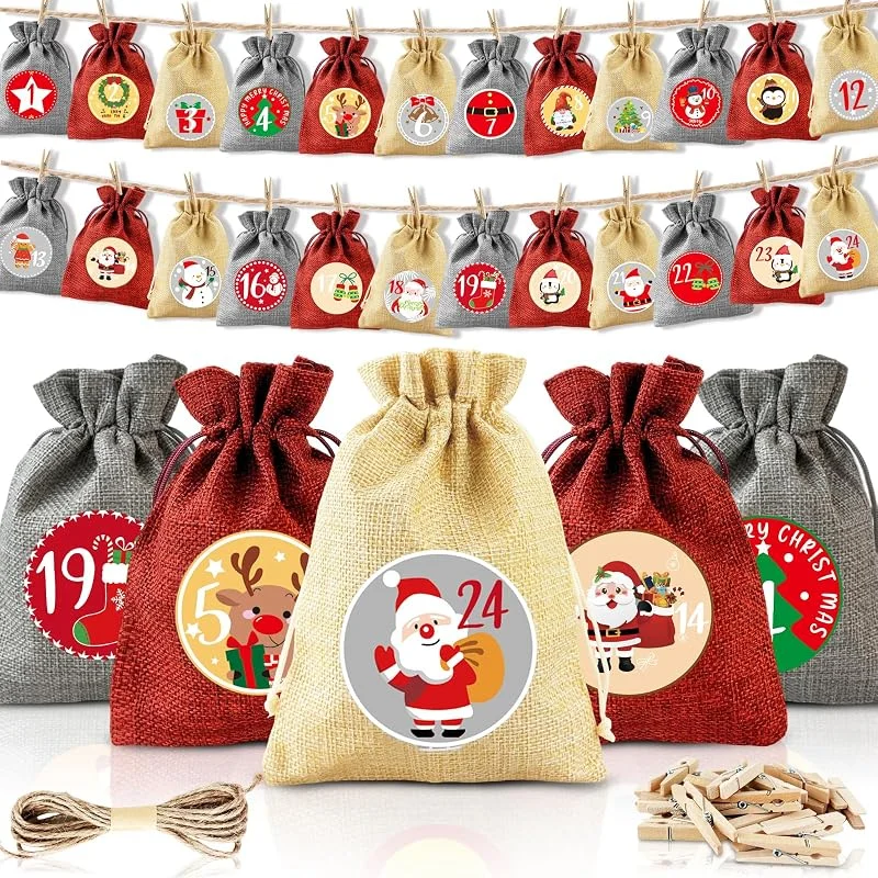 CNMTCCO 24 unidades Calendario de Adviento para rellenar, Calendario de Navidad 2025 Bolsitas de yute 18 x 13 cm, Bolsitas para calendario de Adviento para niños — Adviento y mesa