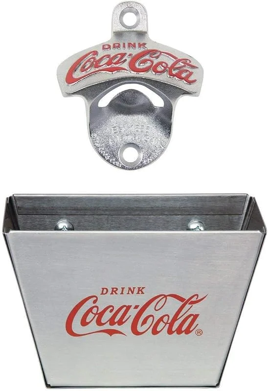 Tablecraft 1 X Coca Cola Wall Mount Bottle Opener and Coca Cola (Coke) Bottle Cap Catcher Set by Tablecraft by Tablecraft — Vino y mesa festiva