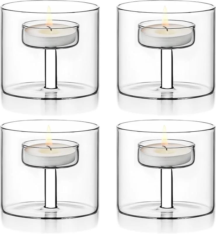 GOEDCH Portavelas de cristal: 4 portavelas de cristal transparente, pequeño cilíndrico para mesa de Navidad, decoración de mesa, Navidad, boda — Adviento y mesa