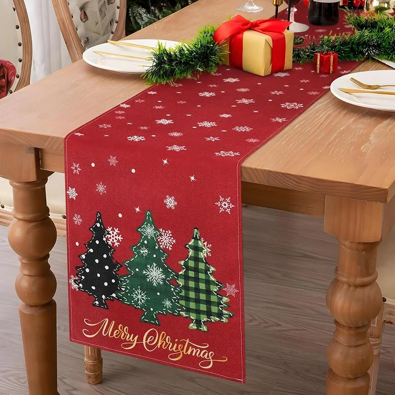 Serento Camino de Mesa Navidad Navideño Rojo con Árboles de Nieve Adornos Navidad Decoración de Copo de Nieve Blanco Camino de Mesa Navideño Adornos Navideños Decoración de Mesa Rojo 40x140 cm — Hogar y cocina