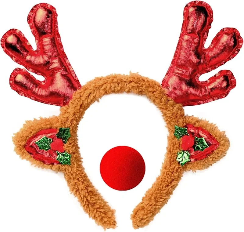 AgagaQx Diadema Reno Navidad Lindo, Diadema Cuernos Reno Esponjoso, Diademas Asta Ciervo Festivo, Diademas Navideñas Llamativo, Accesorios Disfraz Reno con Orejas Reno y Nariz Roja para Fiesta Navidad — Ropa Navidad