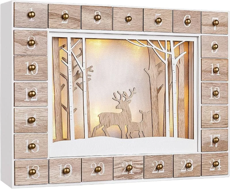 Spielwerk® Calendario de Adviento Madera Navidad Luces LED 24 Cajones Adorno para Rellenar Decoración Navideña 2025 — Adviento y mesa