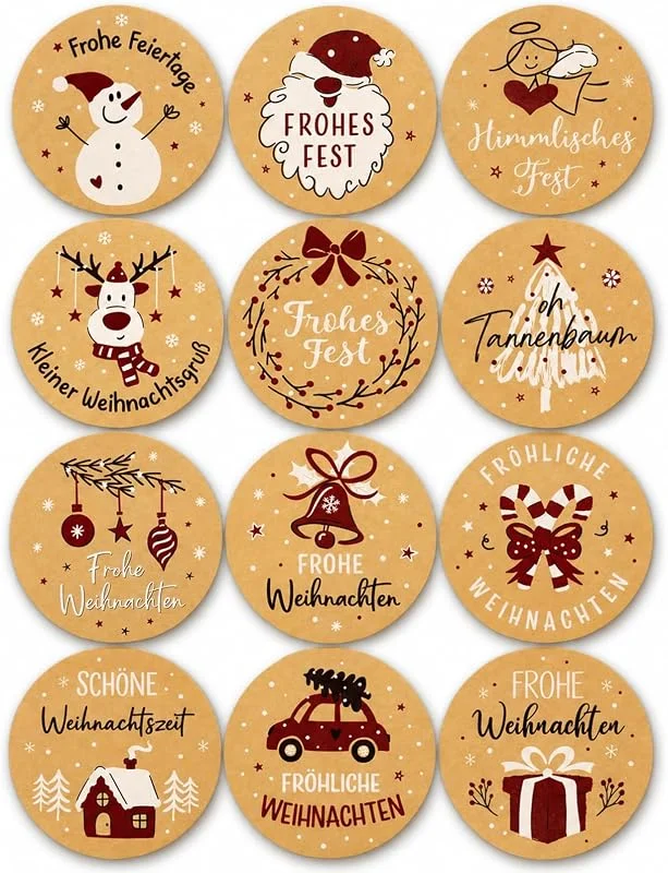 JADISPRE 144 pegatinas navideñas de papel kraft de 4 cm de diámetro, 12 diseños redondos, pegatinas de regalo con Feliz Navidad para envolver regalos, tarjetas de Navidad, galletas, bolsas de regalo y — Envoltorio regalo