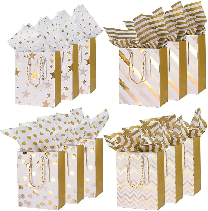 BIULDPY Bolsas de regalo de papel con papel de seda: Bolsa de regalo mediana con patrón dorado para Navidad, cumpleaños, bodas y San Valentín - 12 unidades 9.1 * 7.1 * 4 pulgadas — Envoltorio regalo