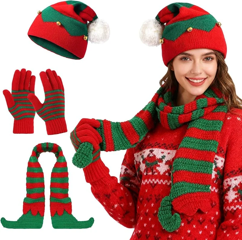 TAGVO Juego de 3 Piezas de Gorro, Bufanda y Guantes de Navidad, Regalo de Invierno, Conjunto de Gorro Tejido de Navidad, Gorro, Bufanda y Guantes de Elfo y Santa para Fiestas — Ropa Navidad