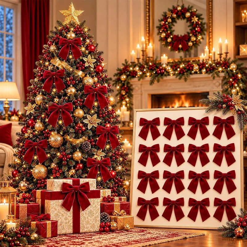 CNMTCCO 16 lazos de terciopelo borgoña de Navidad, lazos de terciopelo rojo para árbol de Navidad, decoraciones de Navidad premium, árbol de Navidad para corona, guirnalda y envoltura de regalos (12, 5 — Envoltorio regalo