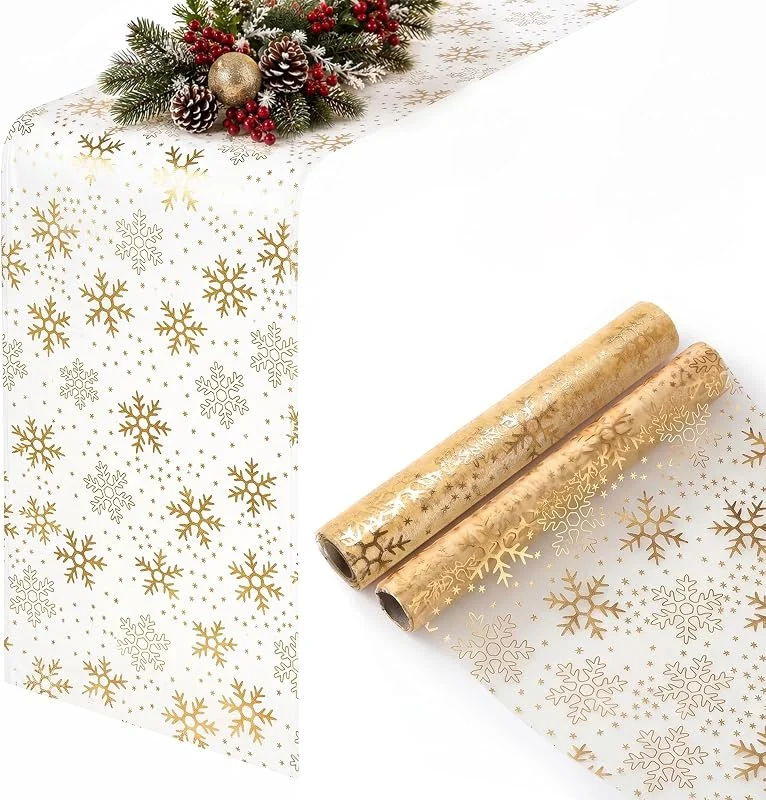 Frigg 5m Navidad Camino De Mesa Dorado, Organza Decoracion Navidad Hogar, Mantel Navideño Translúcido Estampado con Copos De Nieve Dorados, Centro De Mesa 2025 Adornos Navideños Christmas Decoration — Hogar y cocina